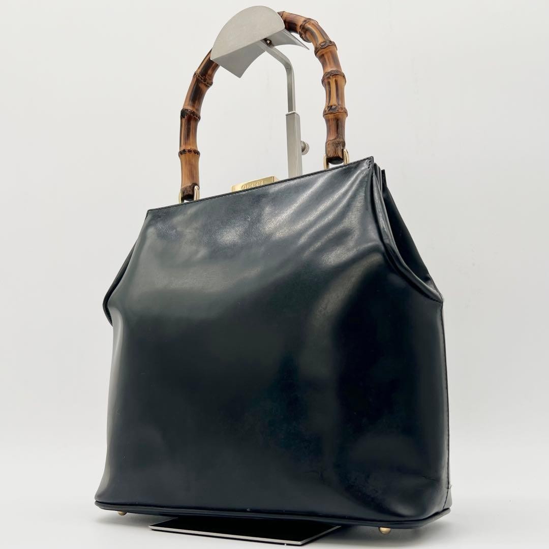 GUCCI Vintage Bamboo Tote Hand Bag Black Patent Leather Shoulder Bag Italy