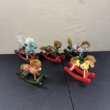 5 Painted Wooden Rocking Horse Christmas Ornaments Vintage All Different
