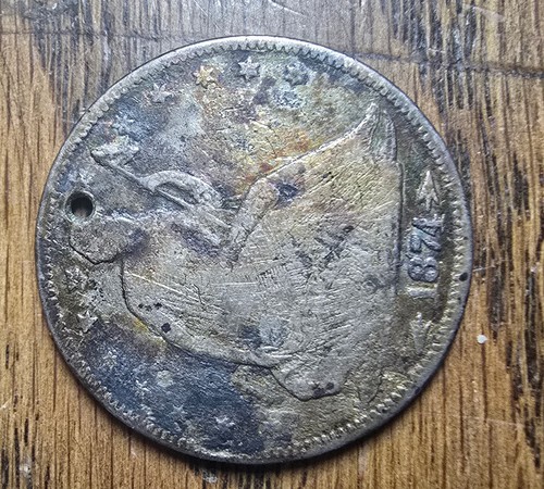 1874 Seated Liberty Half Dollar Arrows VG Holed Rainbow Toning - Picture 2 of 7