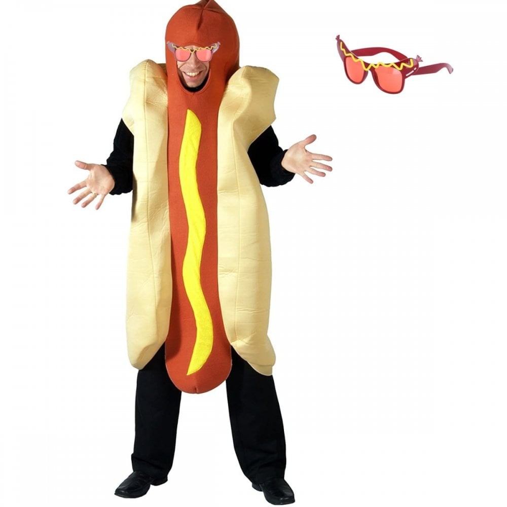 Adult Funny Hot Dog Costume + Novelty Sausage Glasses Stag Hen Party Fancy Dress