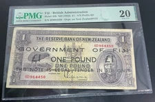 Fiji Emergency Issue Ovpt on New Zealand 1 Pound ND (1942) Pick#45b PMG 20 Note