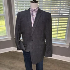 PERRY ELLIS Portfolio Mens Size 44L Gray Plaid Slim Fit Sport Coat Blazer Jacket