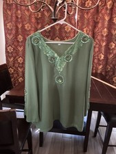 Polyester Chiffon Sequined Green Indian Kurta Kurti Top, 44 Bust, 27 Long,