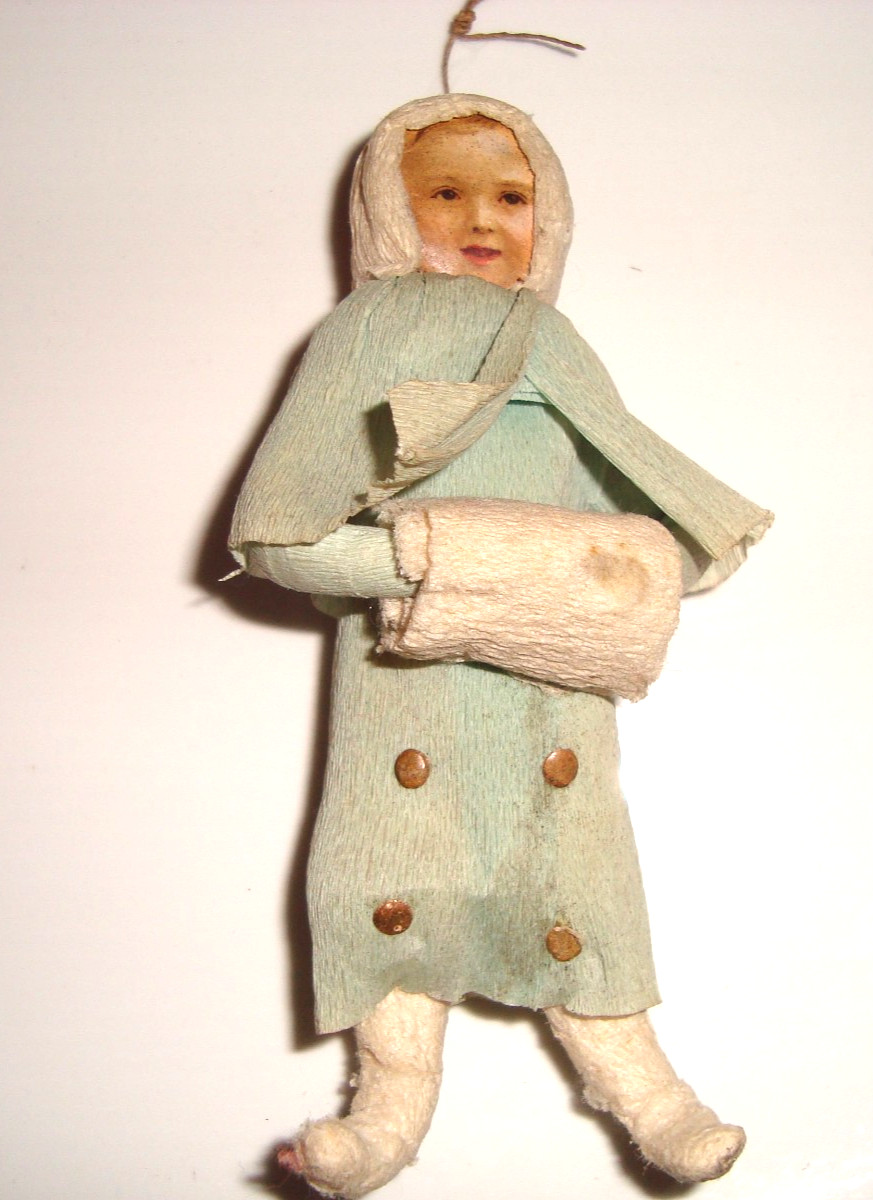 Antique German SPUN   COTTON GIRL W/MUFF   Christmas Ornament