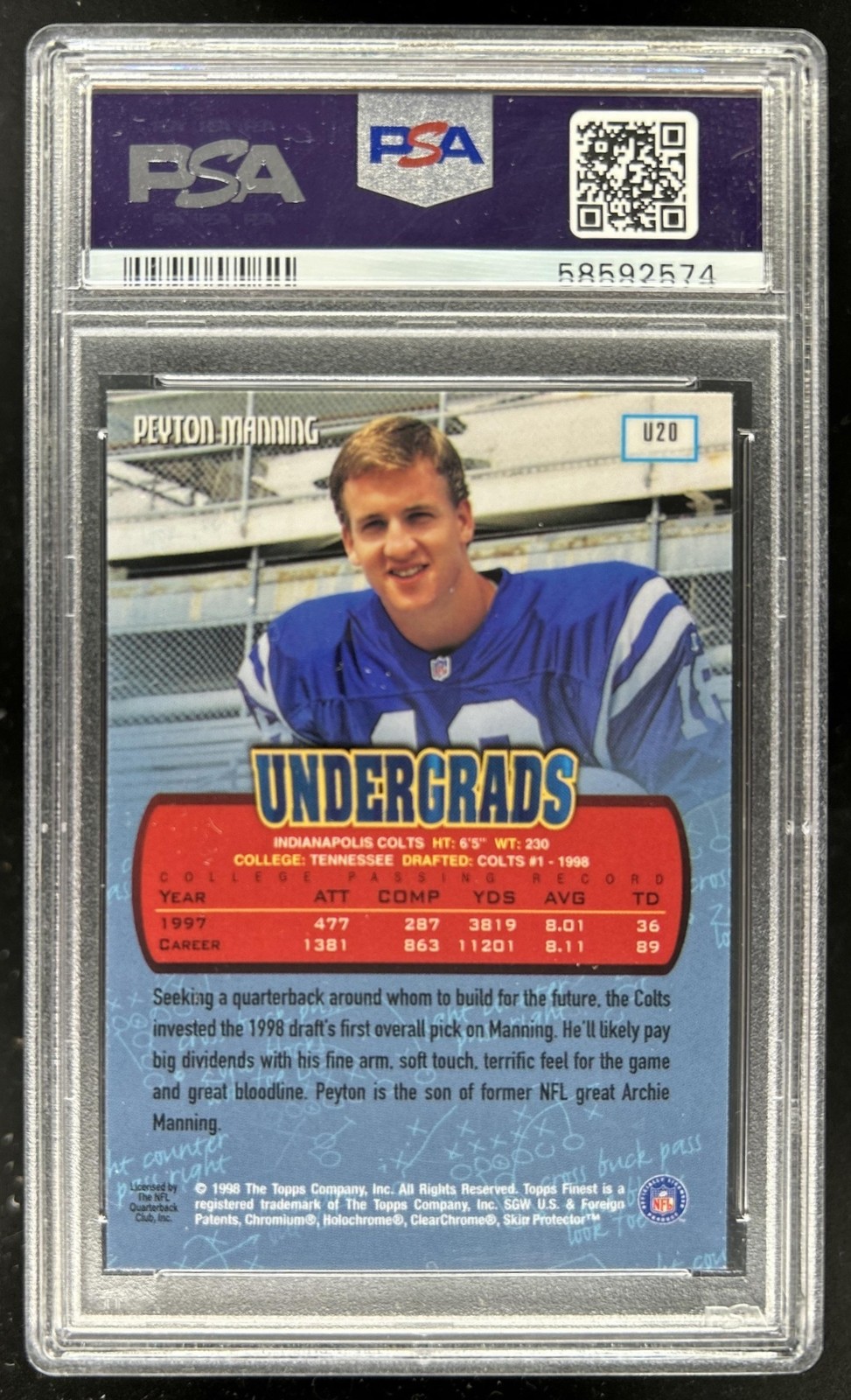 1998 Topps Finest Peyton Manning Undergrads Rookie RC #U20 Colts PSA 8 view 2