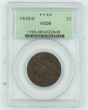 1839/6 PCGS VG08 Large Cent Coronet Head