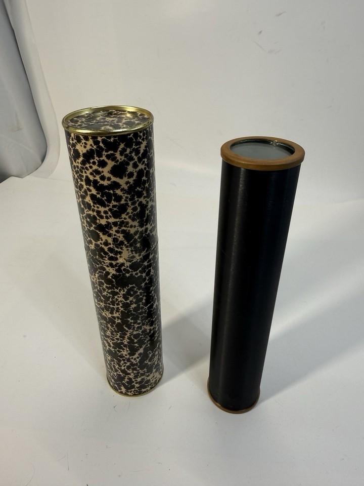 Vintage Black Brass Kaleidoscope Marbled Case 8" Optical Glass Toy Collectible