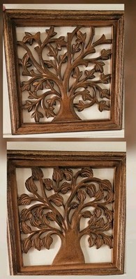 Lot of 2 Tree of Life Solid Wood Carved Relief 13.5'' Square Framed Art