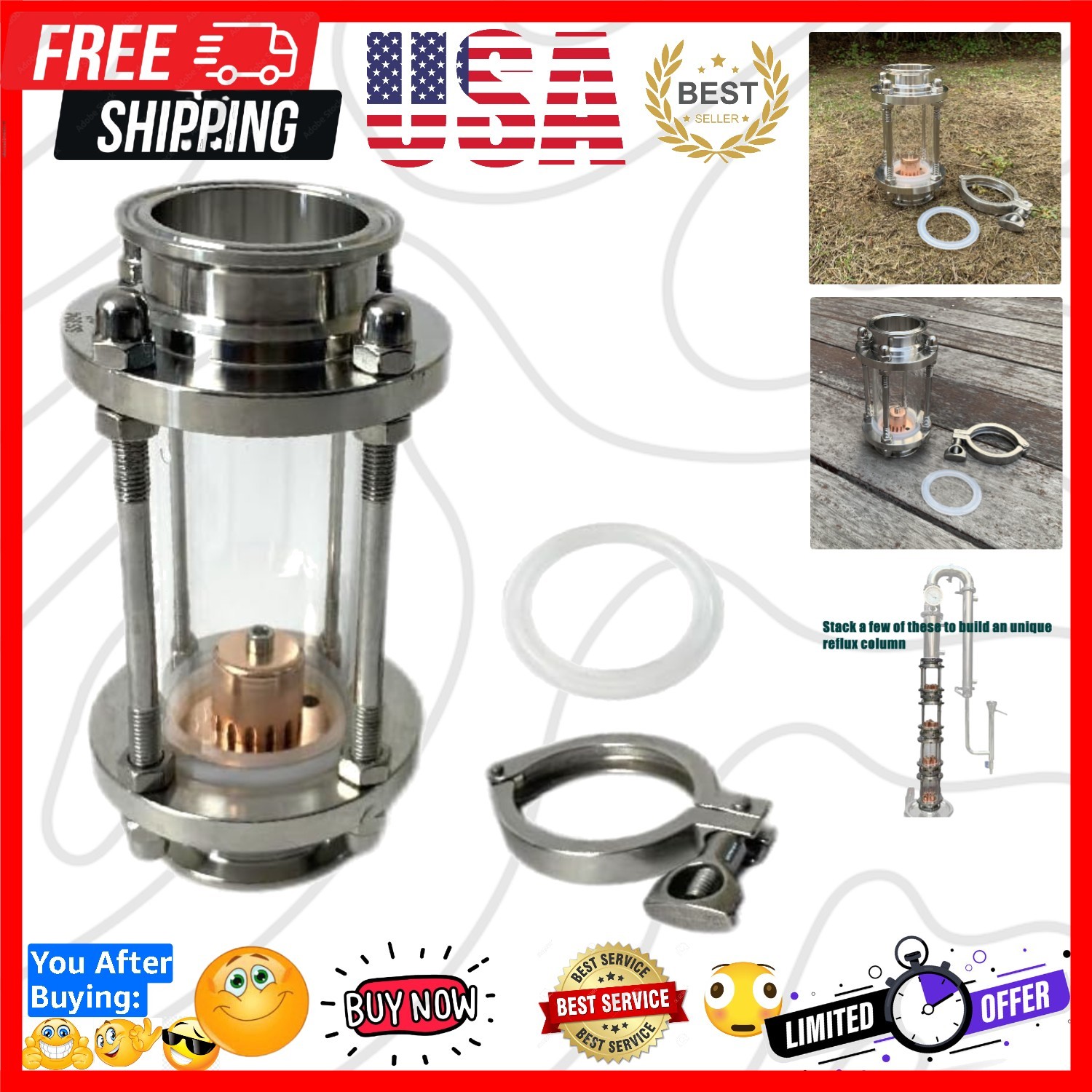 2 inch Glass Reflux Section with Copper Bubble Plate