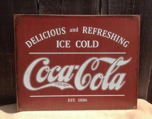 Vintage Coca Cola Sign Tin Metal Soda Pop Advertising Rustic Ice Cold Est 1886