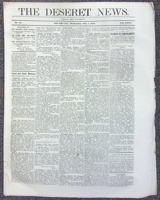 The DESERET NEWS NEWSPAPER, July 7 1875 No 23, Brigham Young LDS/Mormon SLC UTAH