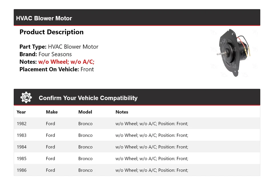 Motor soplador delantero 4 estaciones 1983 1984 1985 para Ford Bronco 1982-1986 Foto 2 de 4