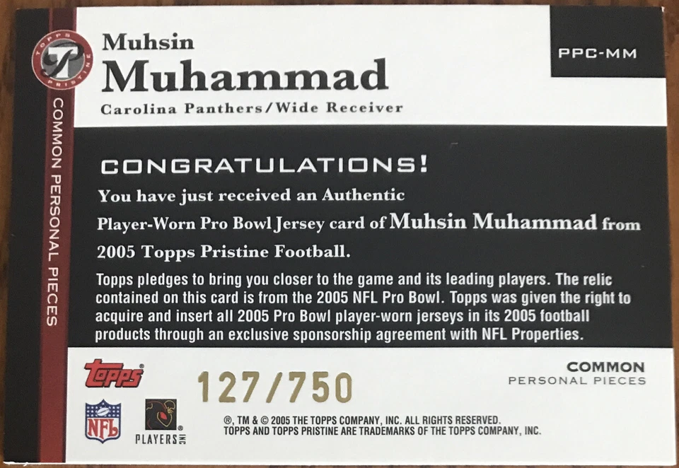 2005 Topps Pristine Personal Pieces Common Muhsin Muhammad PPC-MM #’d 127/750 - Image 2 of 2