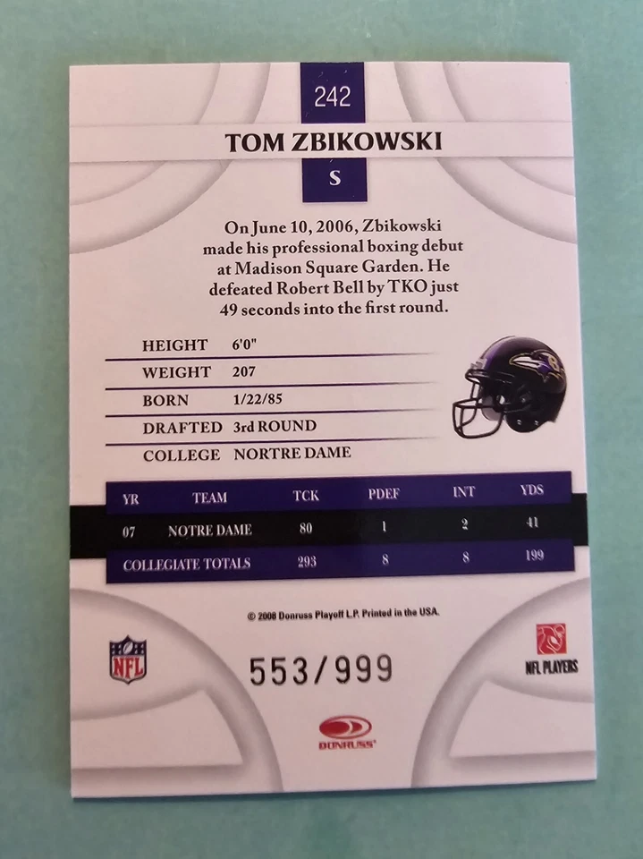 2008 Donruss Threads TOM ZBIKOWSKI  #242 Retail Rookie RC SP #/999 Notre Dame  - Image 2 of 2