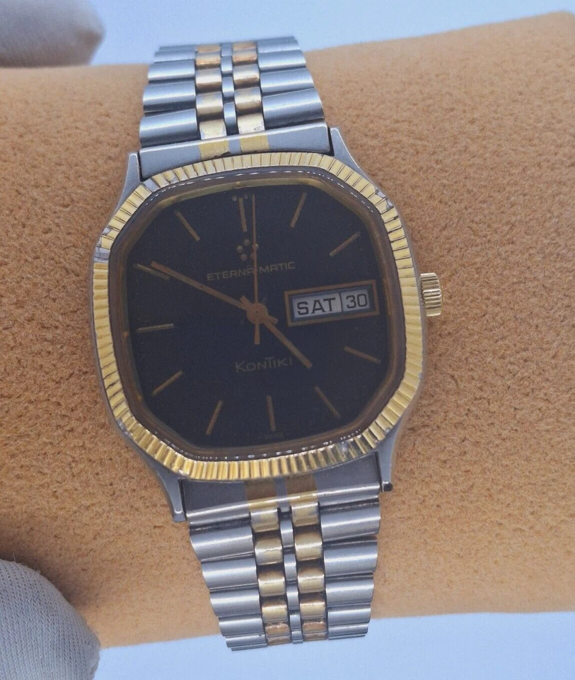 RELOJ ETERNA MATIC KONTIKI RARO ESFERA NEGRA DÍA-FECHA DOS TONOS AUTOMÁTICO AÑOS 80  Foto 2 de 4