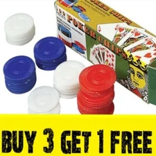 100 Plastic Poker Chips - Red White Blue - Card Playing Casino Game Chips
