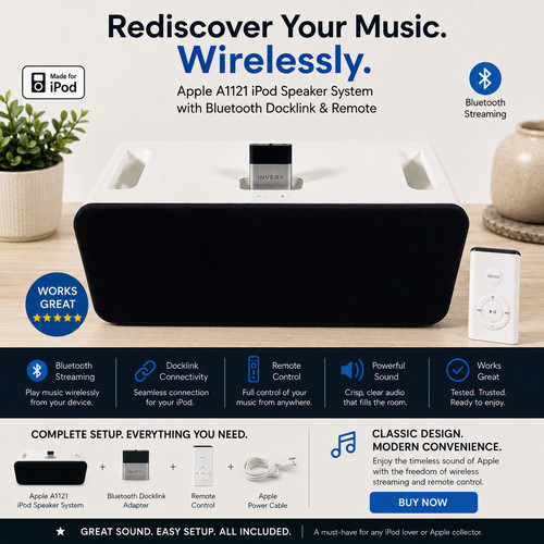 Apple A1121 iPod Hi-Fi Speaker System Bluetooth Dock Adapter Remote Tested Works