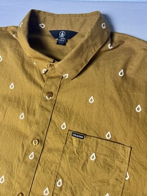 Volcom Short Sleeve Shirt Mens Medium XL Brown Ochre Drop Print Button Down