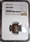 NGC AU-58 BN 1911-S Lincoln Cent, Lustrous, Chocolate-Brown, Scarce Date.