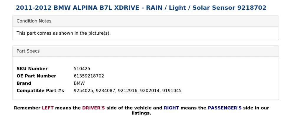 2011-2012 BMW ALPINA B7L XDRIVE - CHUVA / luz / sensor solar 9218702 - Imagem 4 de 4