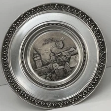 Vtg German Pewter Zinn-Giesser-Innung Plate 3D Town Siegel Handgegossen Rein 95%