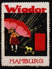 vintage niemiecki plakat znaczek Leonhard Wigdor, Hamburg, odzież przeciwdeszczowa, parasol /0422