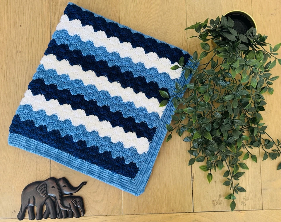 Handmade Crochet Baby Blanket Blue Boy Stripe Car Cot Floor Pram Gift Babyshower - image 3 of 4