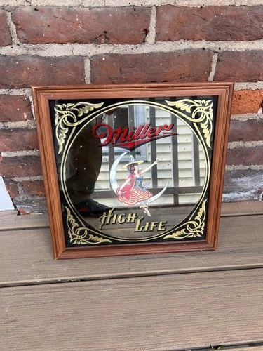 VINTAGE MILLER HIGH LIFE Girl on the Moon WITCH BEER MIRROR BAR SIGN 1980