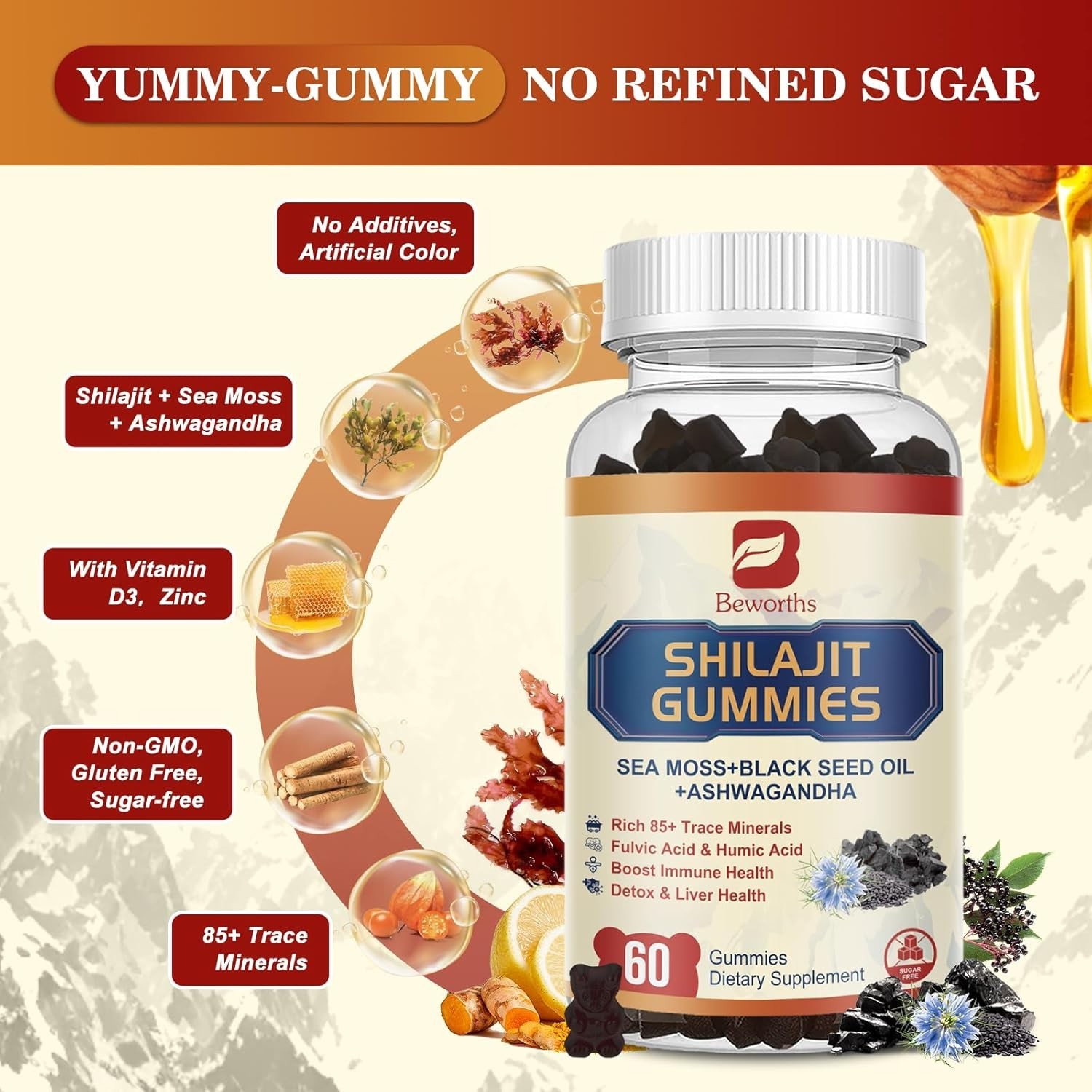 10000 MG Pure Himalayan Shilajit Gummies W Ashwagandha, Sea Moss, Black Seed Oil