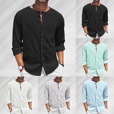 Men's Cotton Linen Shirt Long Sleeve T-Shirt Casual Beach Shirt L