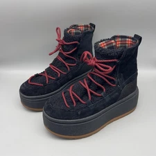 Coolway Boots Womens Size 6 Black Suede Sherpa Platform Lace Up Plaid Lined