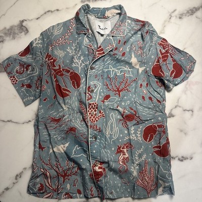 Tombolo Mens Size Medium Short-Sleeve Tencel Camp Shirt Lobster  Sea Life