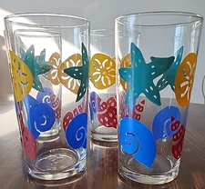 Vintage Libbey Glass Tumblers SET OF 4 Bright Colorful Sea Shells 6 1/4" T 20 oz