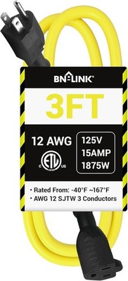 BN-LINK 3ft Outdoor Extension Cord, 12/3 SJTW Heavy Duty Power 3FT, Yellow 