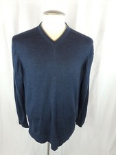 Saks Fifth Avenue Sweater XL Merino Wool 100 Blue/ Gray Collar Accents Italy