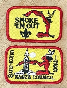 Vintages 1969 KANZA COUNCIL BSA SCOUT SHOW "SMOKE EM OUT" 2 PATCHES 2