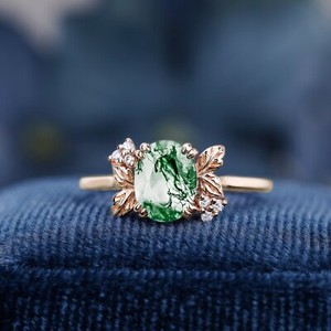 Authentic 14K Rose Gold Plated Nature Inspired Ring Vintage Oval Moss Agate Unique Ring