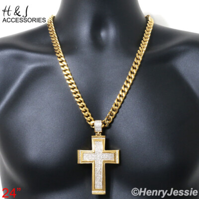 18''-40''Stainless Steel 9mm Gold Plated Cuban Chain BIG ICY CZ Cross Pendant*IP20