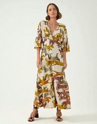 cortelle Puma Print Linen Midi Dress Dolman Sleeve Lions Panther Cat Print  XS | eBay