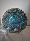 Vintage Iridescent Carnival Glass 10" Indiana Blue Diamond Point Ruffle Bowl