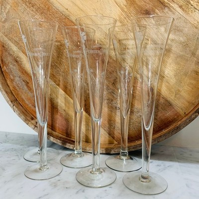 PERRIER JOUET (6) Champagne Glasses 9-3/4'' White Floral Trumpet Flute Etched NIB