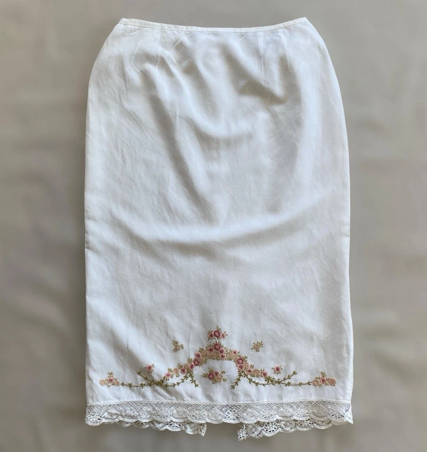 Vintage Plaza South Linen Blend Floral Embroidery Lace Trim Skirt Size 14