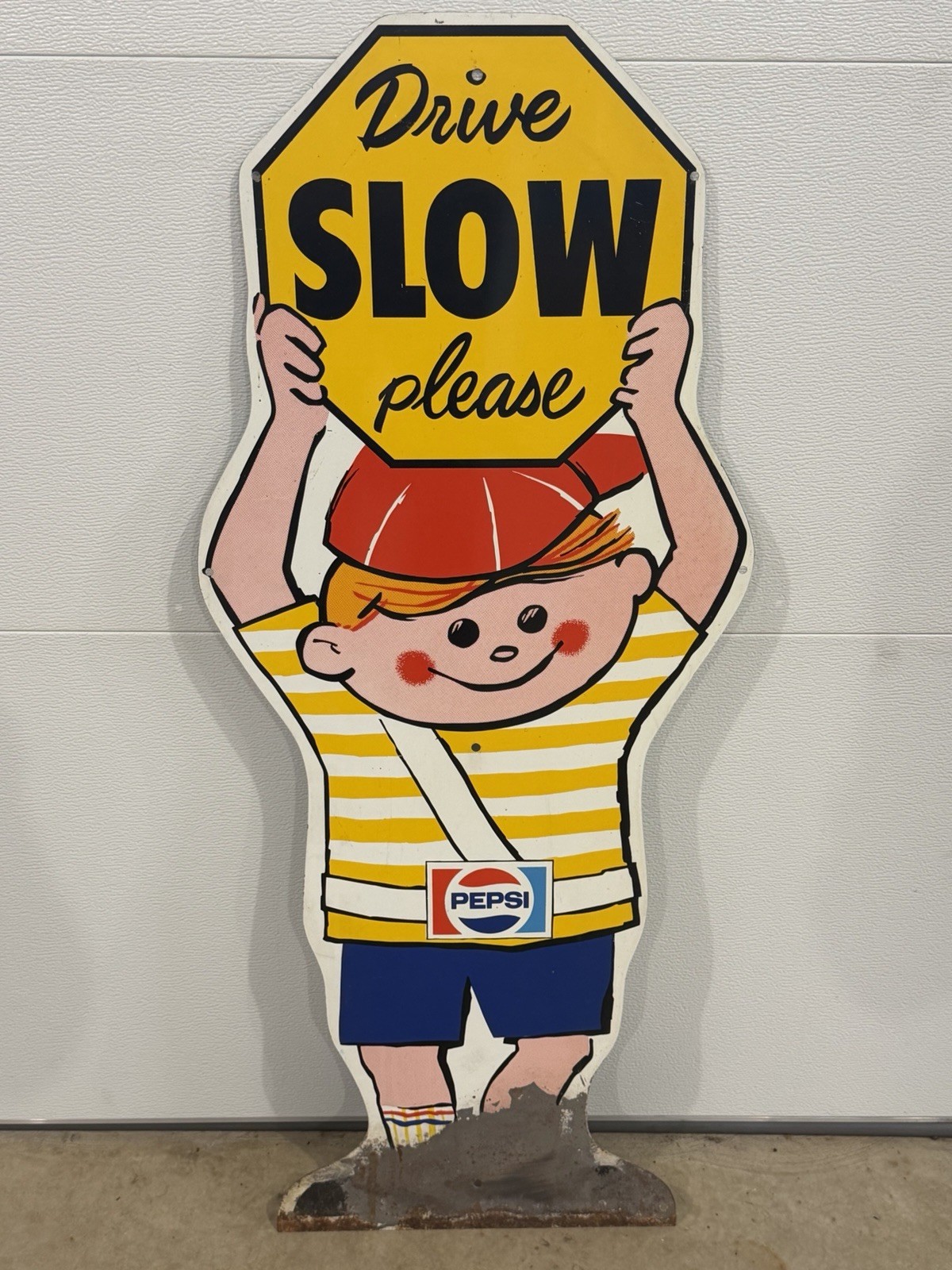 Vintage Original Pepsi Boy Slow Please Crossing Advertising Sign Metal