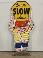 Vintage Original Pepsi Boy Slow Please Crossing Advertising Sign Metal