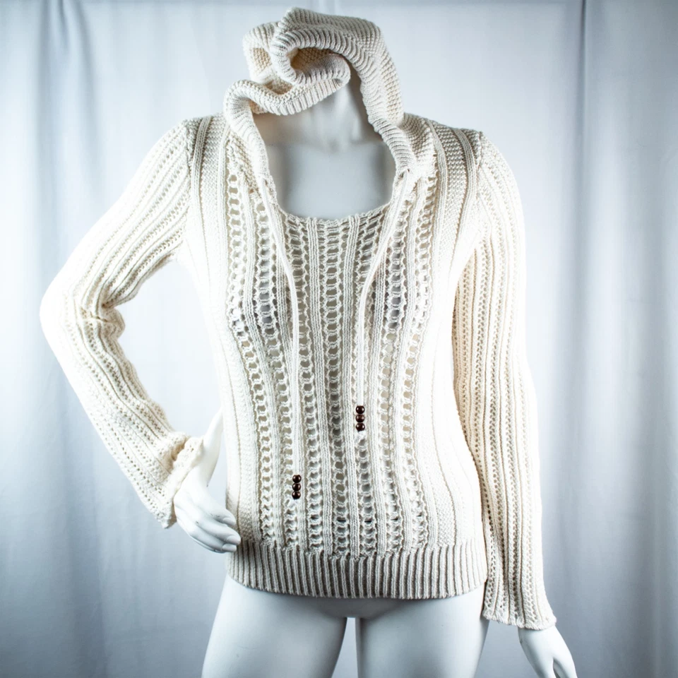 AMERICAN EAGLE Marfil Tejido Abierto Crochet Sudadera con Capucha Mujer Crochet Con Capucha Talla S, M Foto 3 de 4