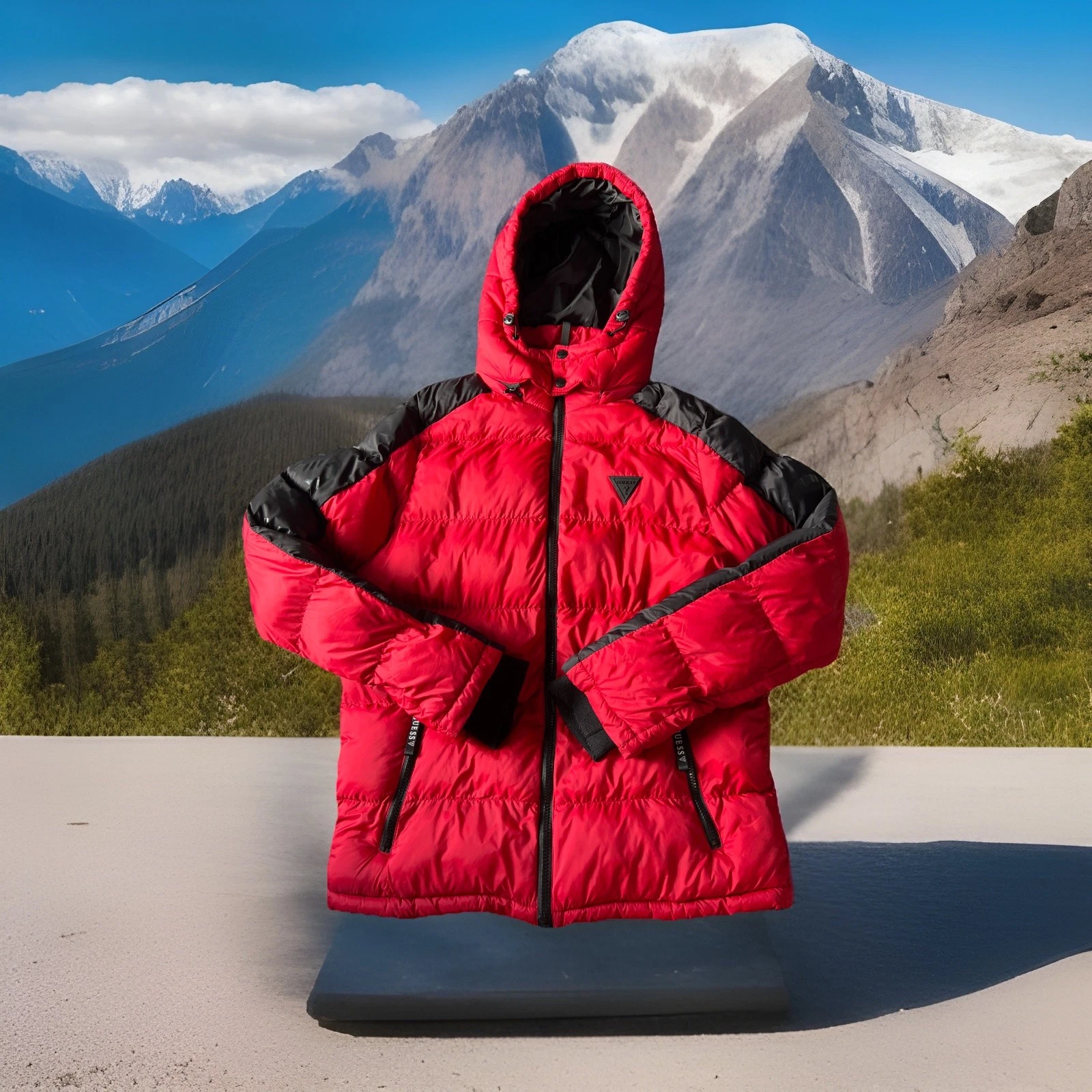 Guess Los Angeles Red & Black Hooded Full-Zip Puffer Coat Jacket Size Medium
