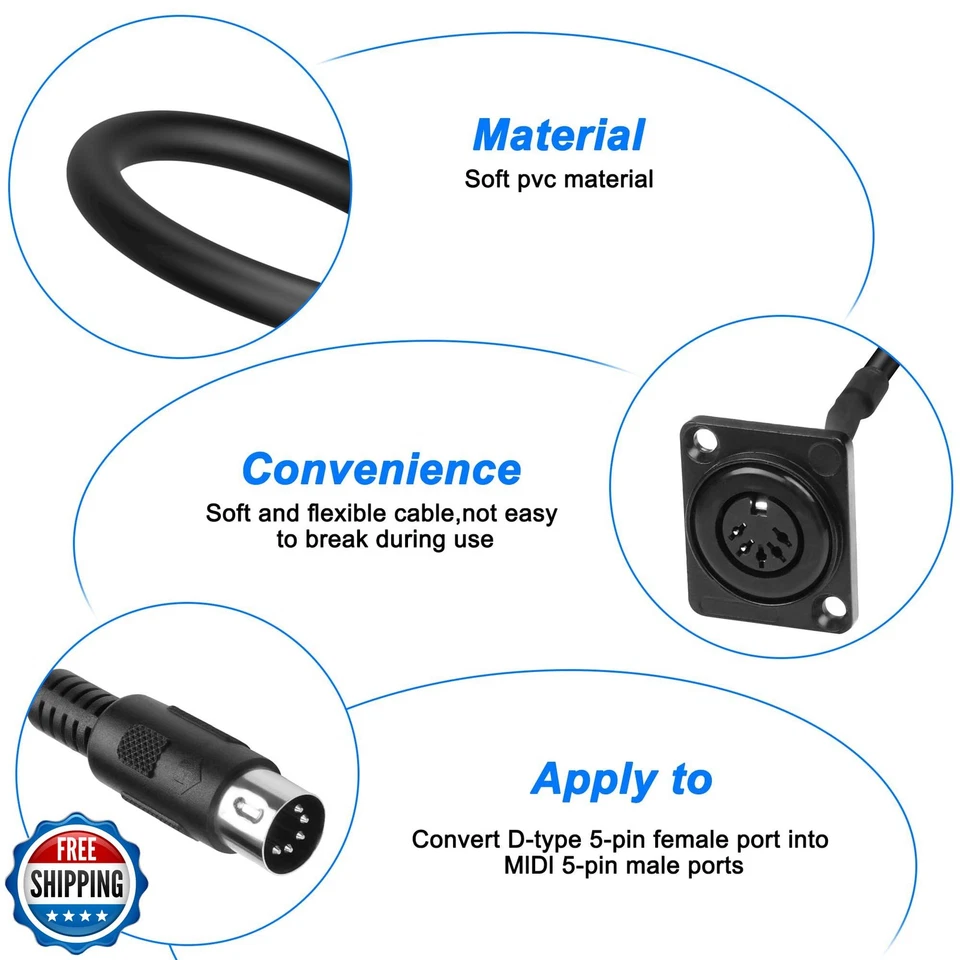 MEIRIYFA D-Type DIN 5PIN MIDI Cable Female to Male Extension Cord Panel Mount - Image 2 of 4