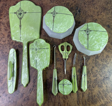 VTG Green Kylonite Celluloid Art Deco Vanity Dresser Set 1930s 13 Pcs