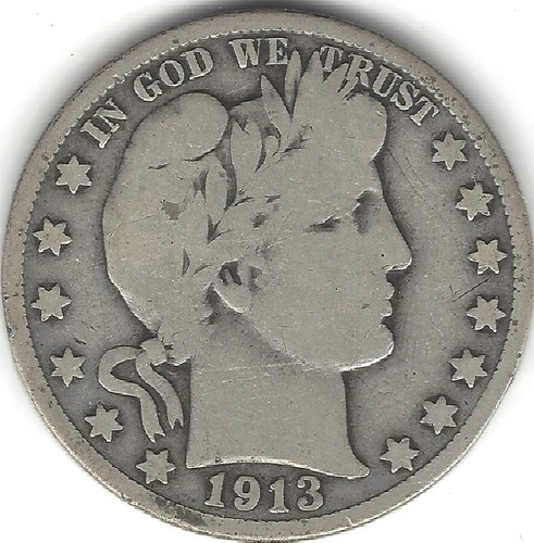 1913-D, 50 cent, Barber silver half dollar (U.S. COIN, MONEY, COLLECTIBLE)