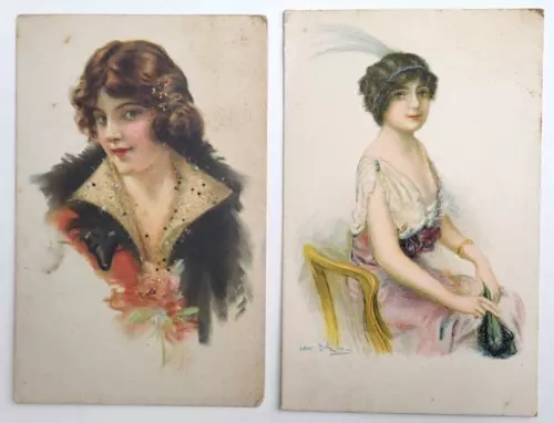 Lot of 2 Antique Early 1900s GIBSON Postcard Beautiful Woman - Glitter